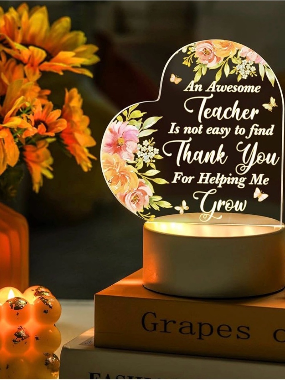 Teacher Appreciation Heart LED Plaque - Floral Pink & Gold